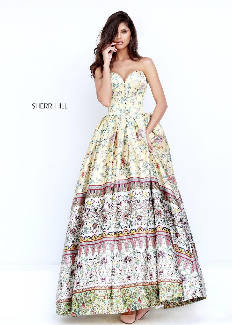 sherri hill Strapless sweetheart corset print ballgown