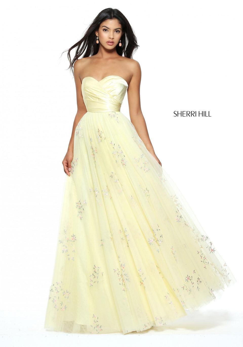 sherri hill Strapless sweetheart gown with embroidered flower tulle skirt