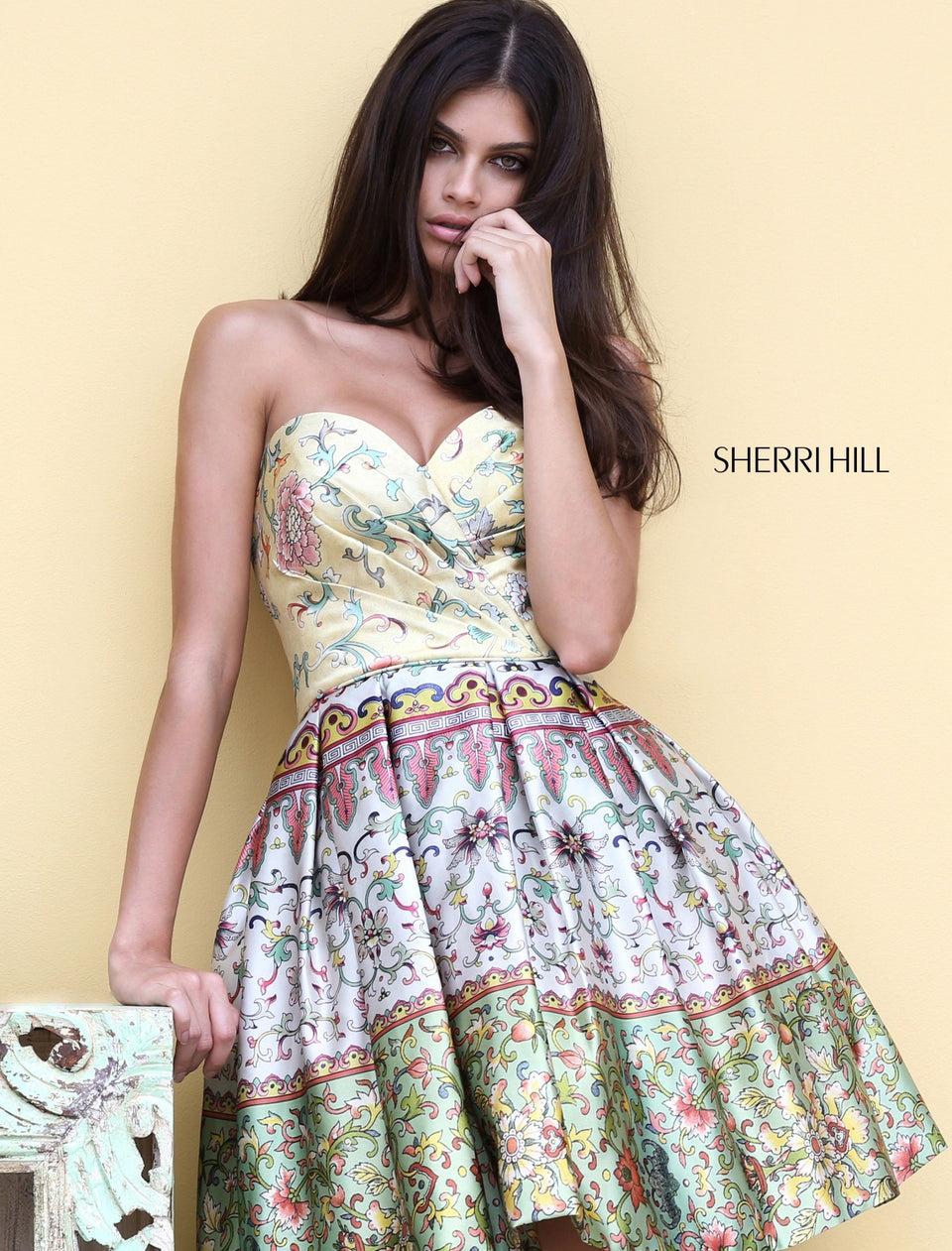 sherri hill Strapless sweetheart multi print cocktail
