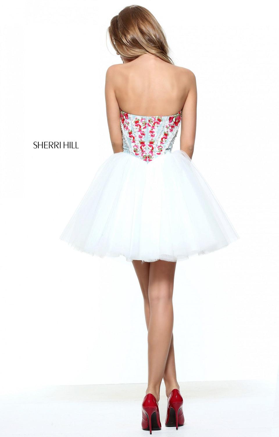 Sherri Hill Strapless Sweetheart Neckline Corset Style Denim Beaded Bodice With Tulle A-line Cocktail Length Skirt