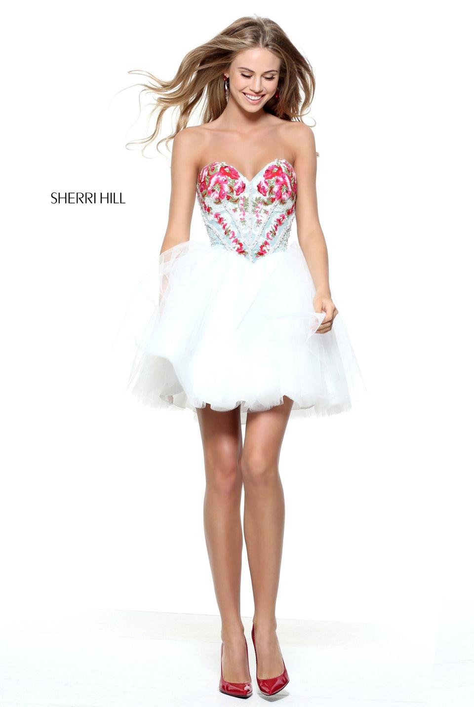 Sherri Hill Strapless Sweetheart Neckline Corset Style Denim Beaded Bodice With Tulle A-line Cocktail Length Skirt