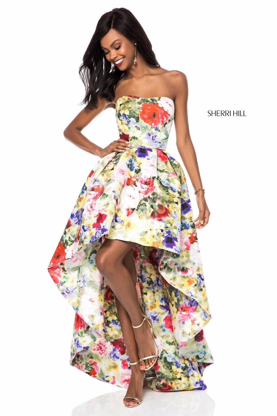 sherri hill Strapless tafetta high-low with floral print
