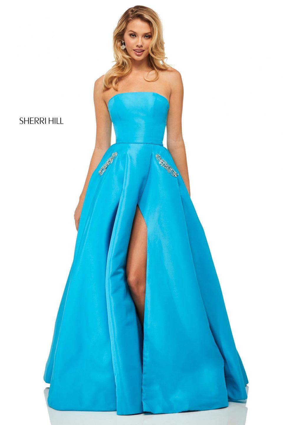 sherri hill Strapless taffeta A-line ball gown with beaded pockets and a slit