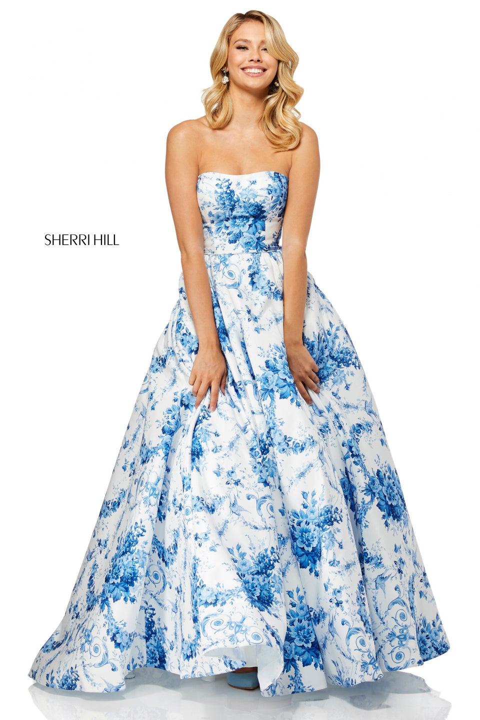 Sherri Hill Strapless Taffeta Ball Gown In Ivory Blue Print