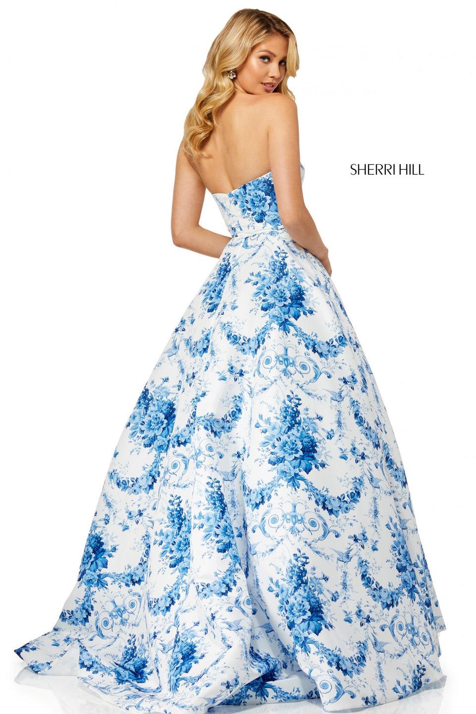 Sherri Hill Strapless Taffeta Ball Gown In Ivory Blue Print