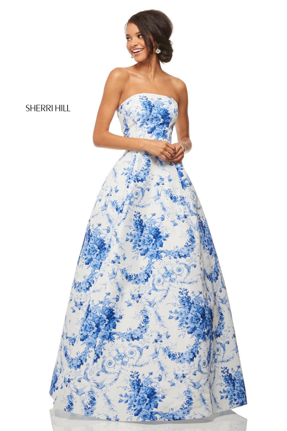 Sherri Hill Strapless Taffeta Ball Gown In Ivory Blue Print