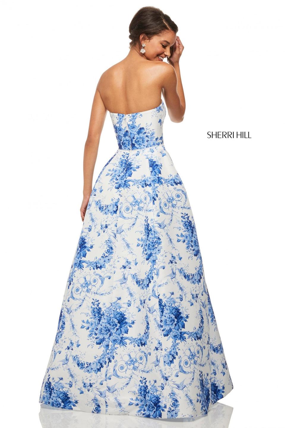 Sherri Hill Strapless Taffeta Ball Gown In Ivory Blue Print