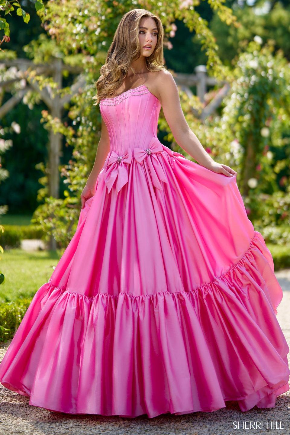 Sherri Hill Strapless Taffeta Ball Gown With Bow Details And Beaded Embellishments