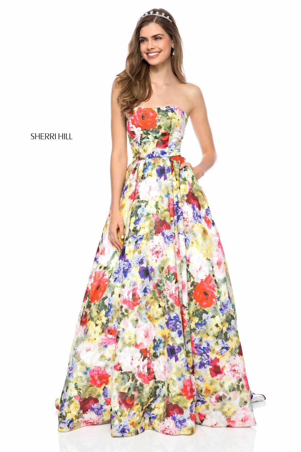 Sherri Hill Strapless Taffeta Ball Gown With Floral Print