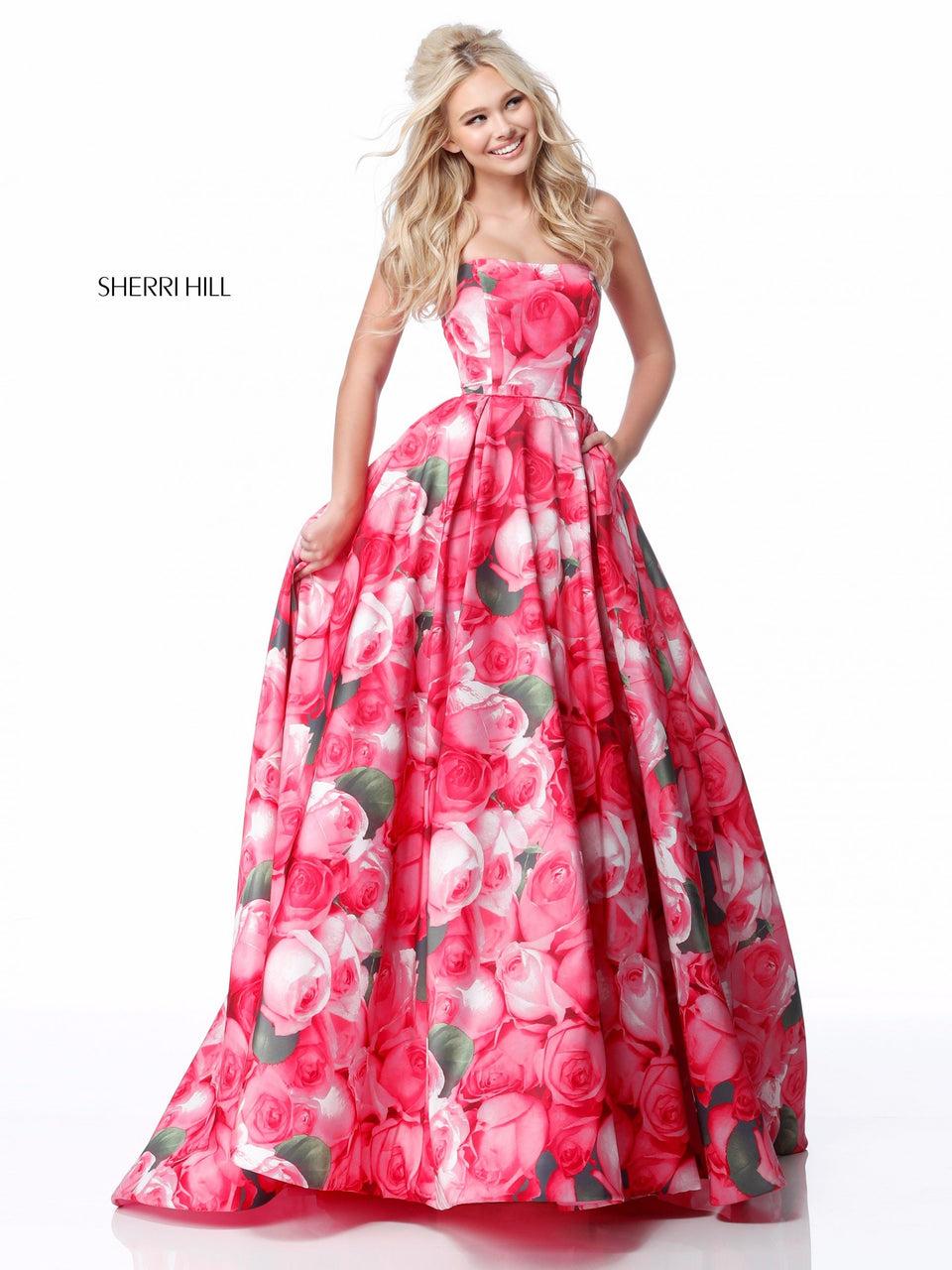 Sherri Hill Strapless Taffeta Ball Gown With Floral Print
