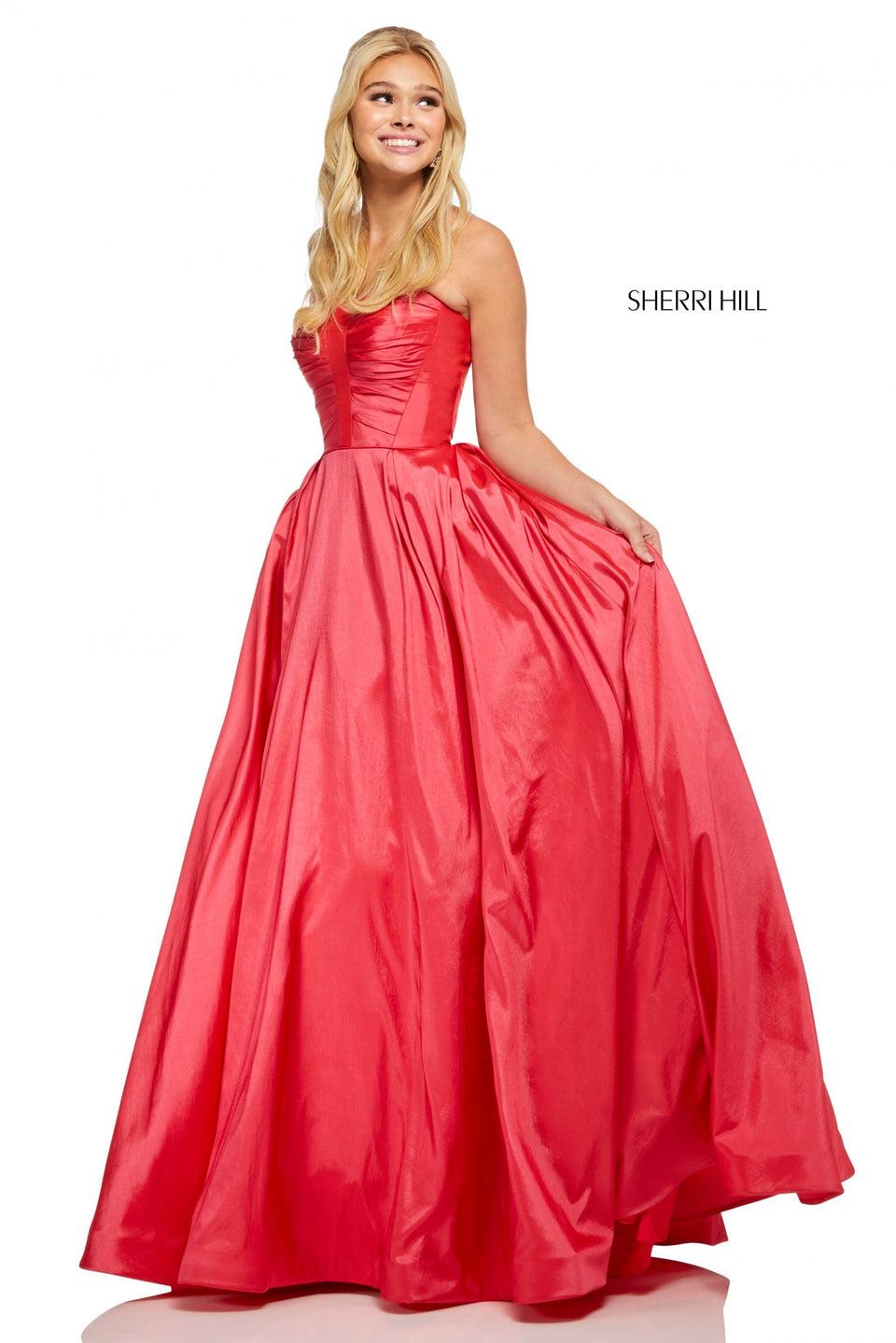 sherri hill Strapless taffeta ball gown with ruched bodice