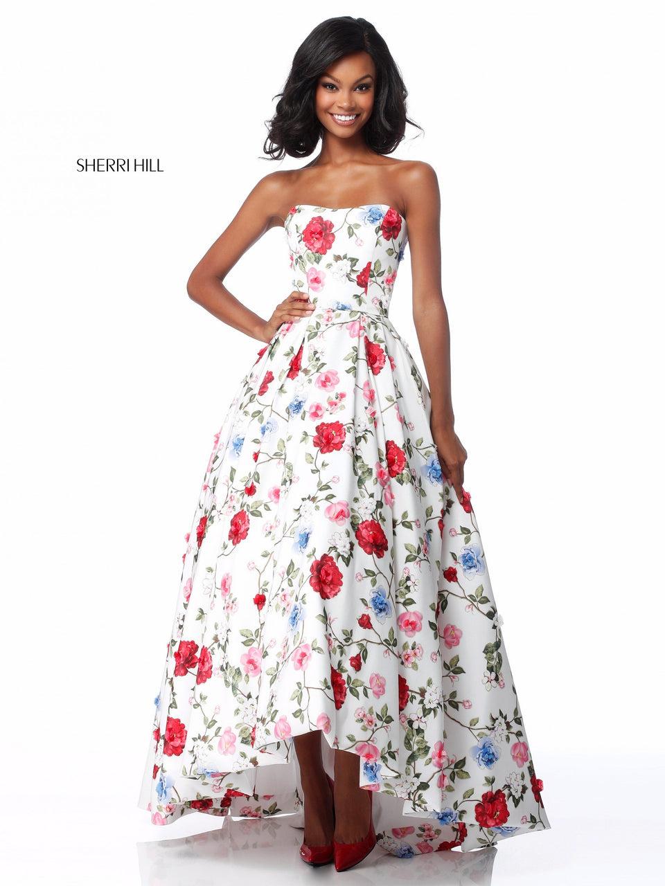 Sherri Hill Strapless Taffeta Floral Print Ball Gown