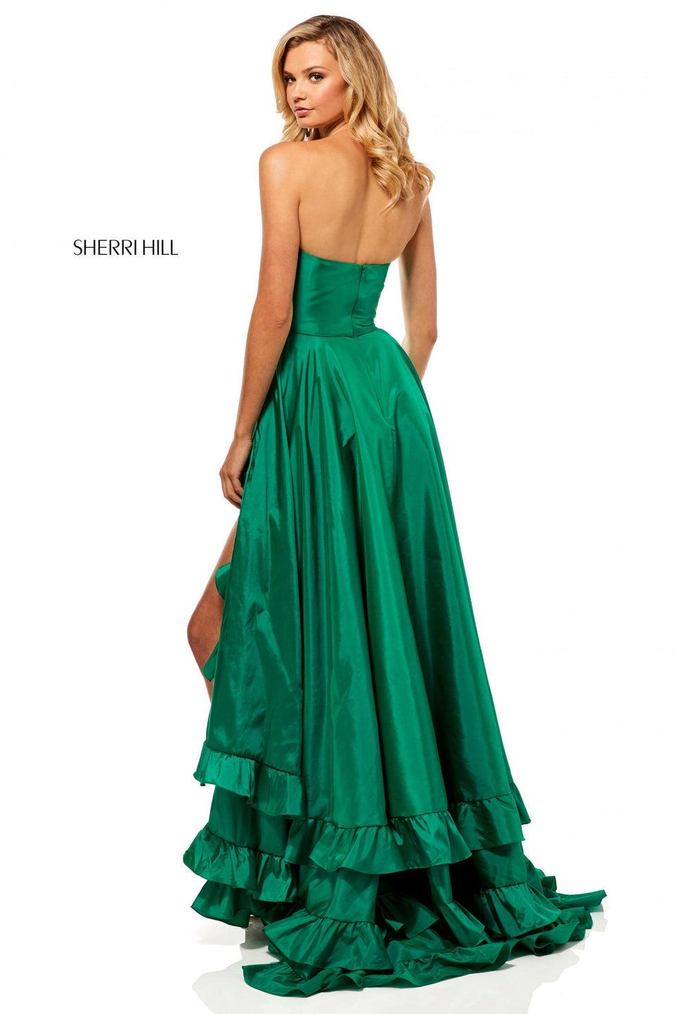 Sherri Hill Strapless Taffeta Gown With Layered Ruffles And A Front Slit