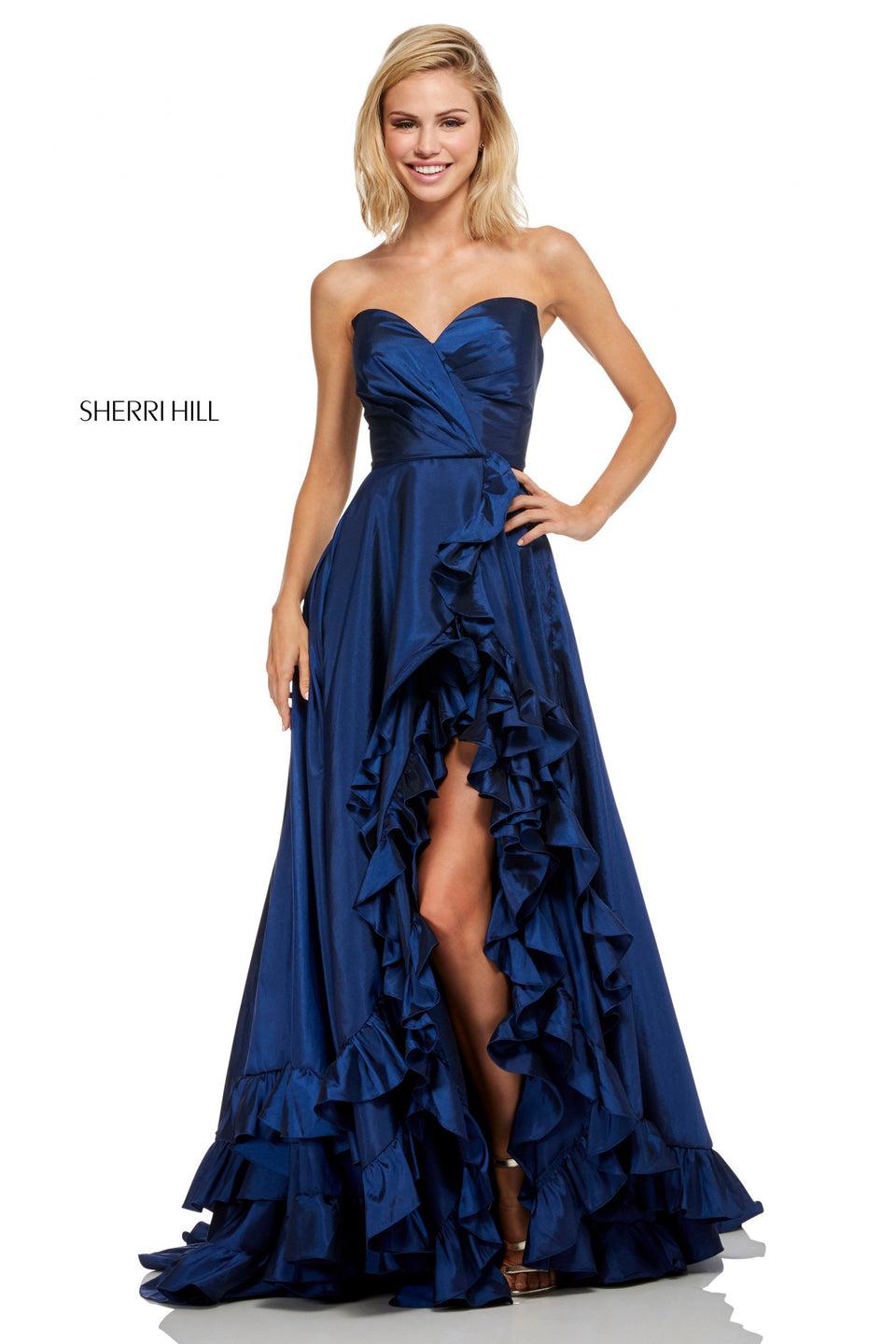sherri hill Strapless taffeta gown with layered ruffles and a front slit