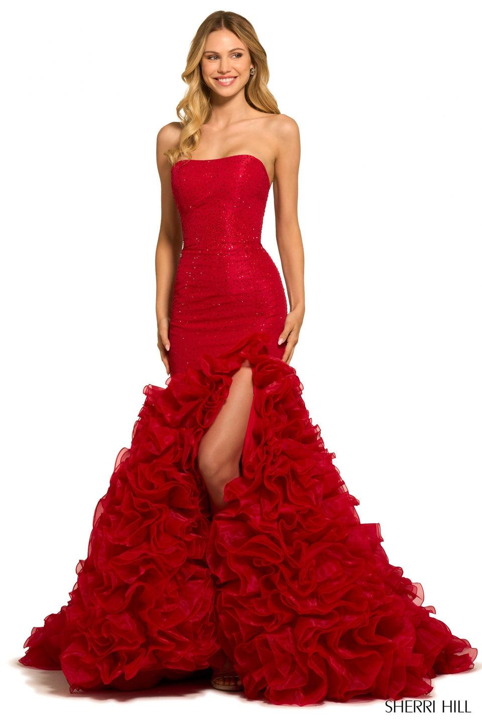sherri hill Strapless taffeta mermaid gown with ruffle tulle skirt and a high slit