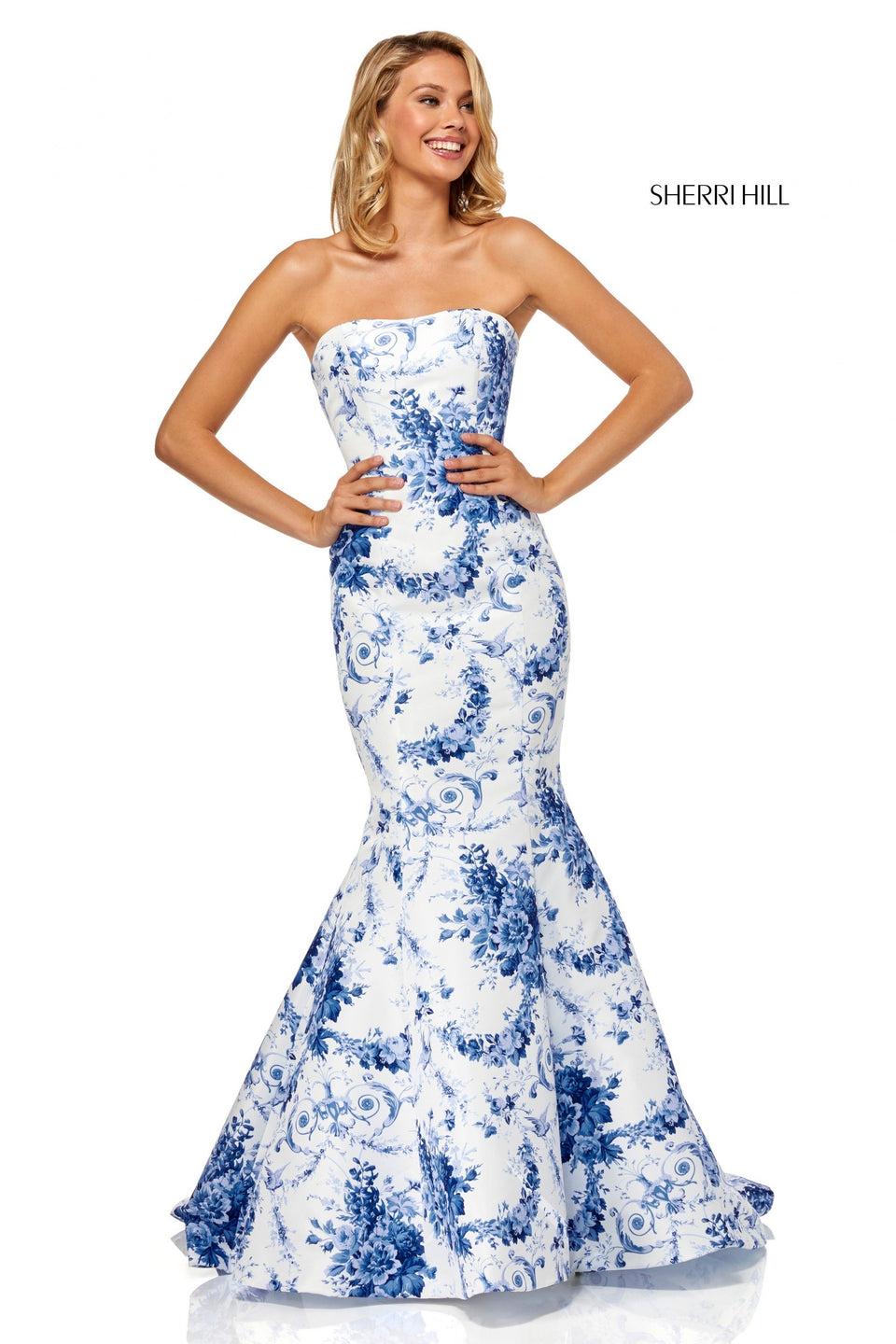 sherri hill Strapless taffeta mermaid in ivory blue print sherri hill Strapless taffeta mermaid in ivory blue print