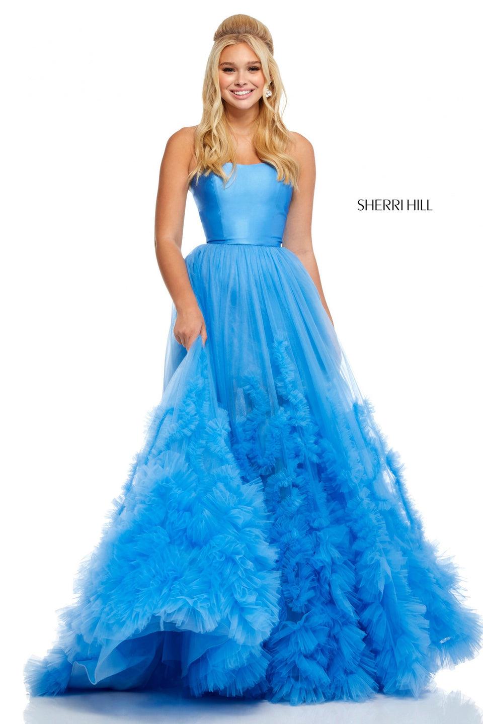 Sherri Hill Strapless Tulle Ball Gown With Gathered Embellishment On Skirt And Mikado Bodice