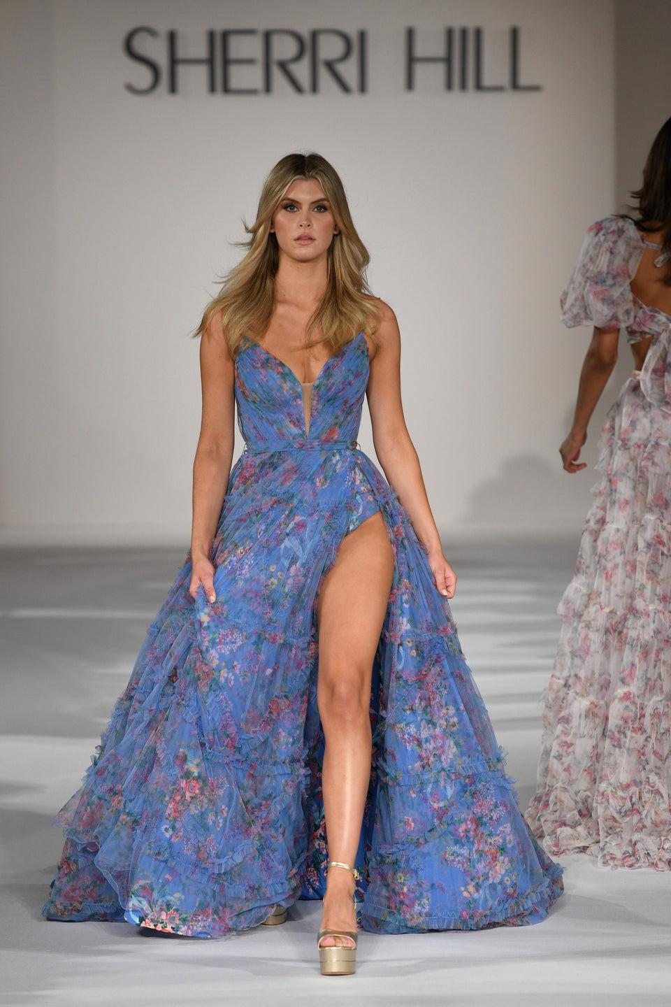 Sherri Hill Strapless Tulle Floral Gown With Deep V-Neckline Bodice Bodysuit And High Skirt Slit