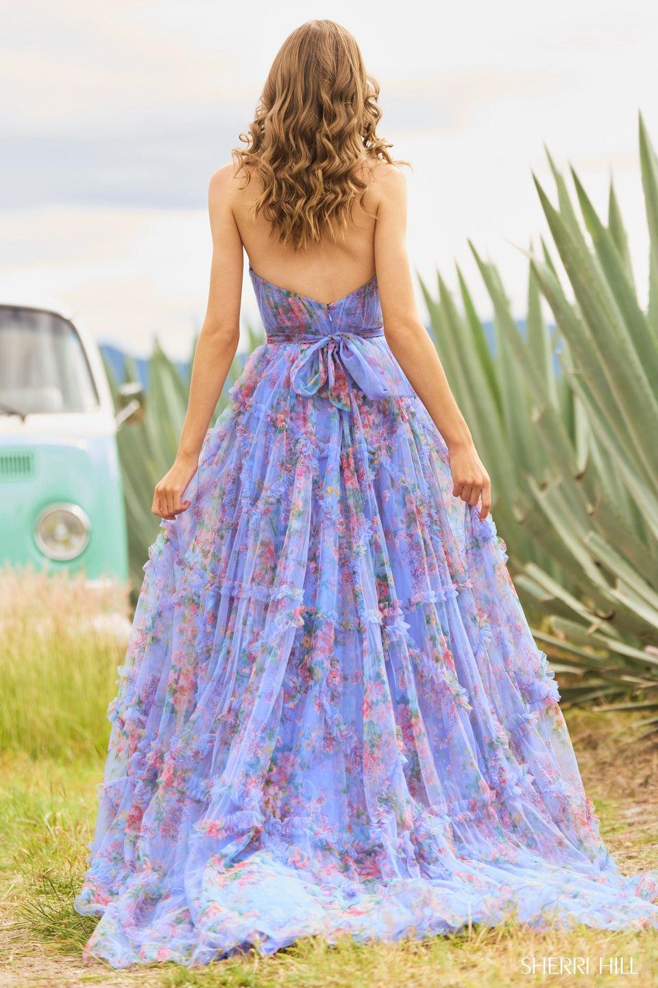 Sherri Hill Strapless Tulle Floral Gown With Deep V-Neckline Bodice Bodysuit And High Skirt Slit