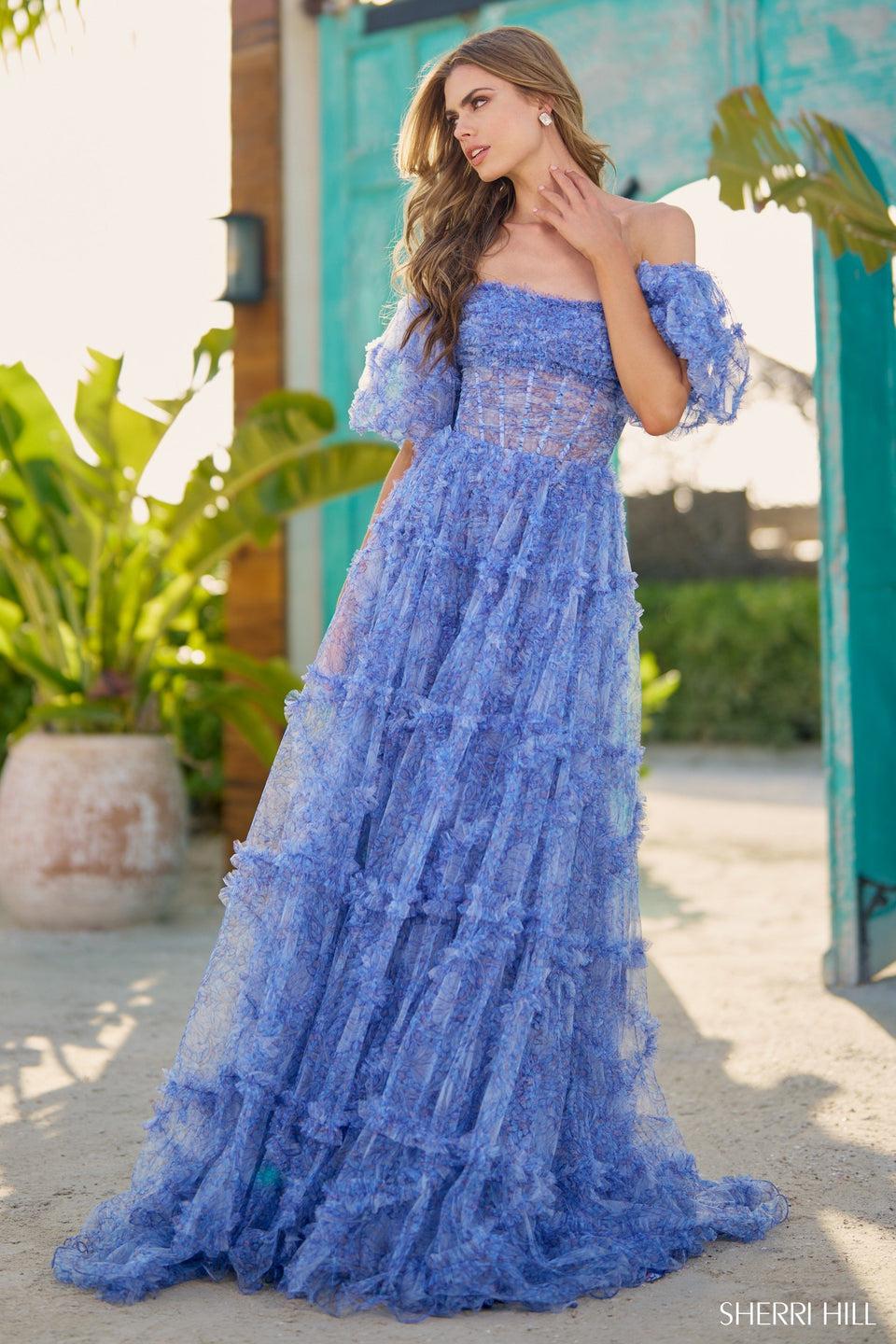 sherri hill Strapless tulle floral gown with sheer corset bodice ruffle embellishments and removable ballon sleeves