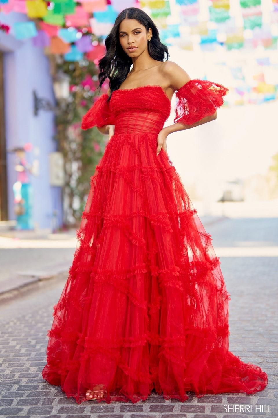 Sherri Hill Strapless Tulle Gown With Sheer Corset Bodice Ruffle Embellishments And Removable Ballon Sleeves