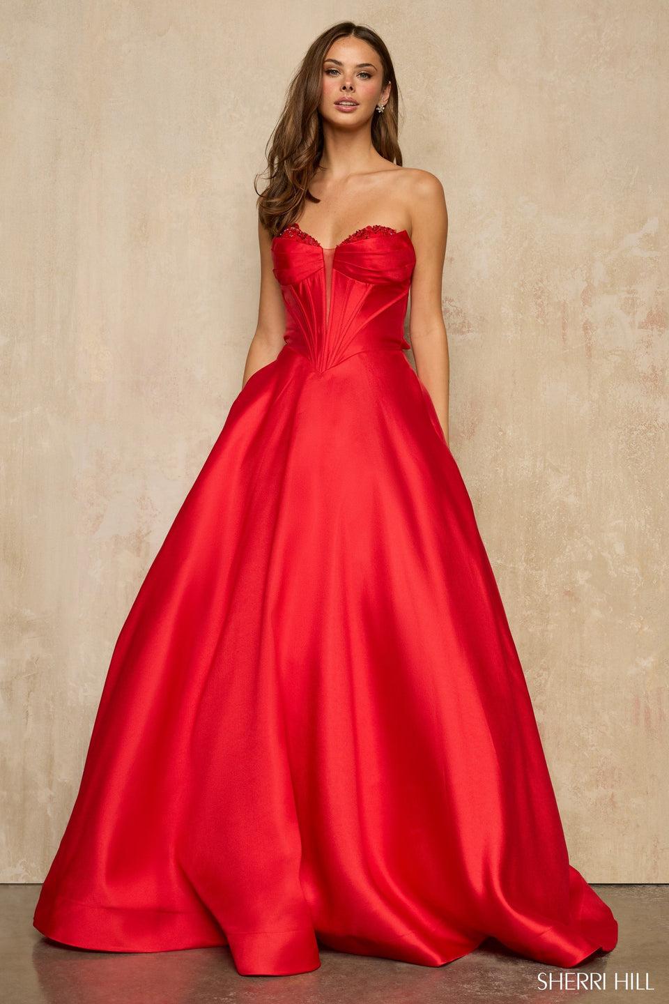 Sherri Hill Strapless V Neck Ballgown With A Corset And Basque Waist