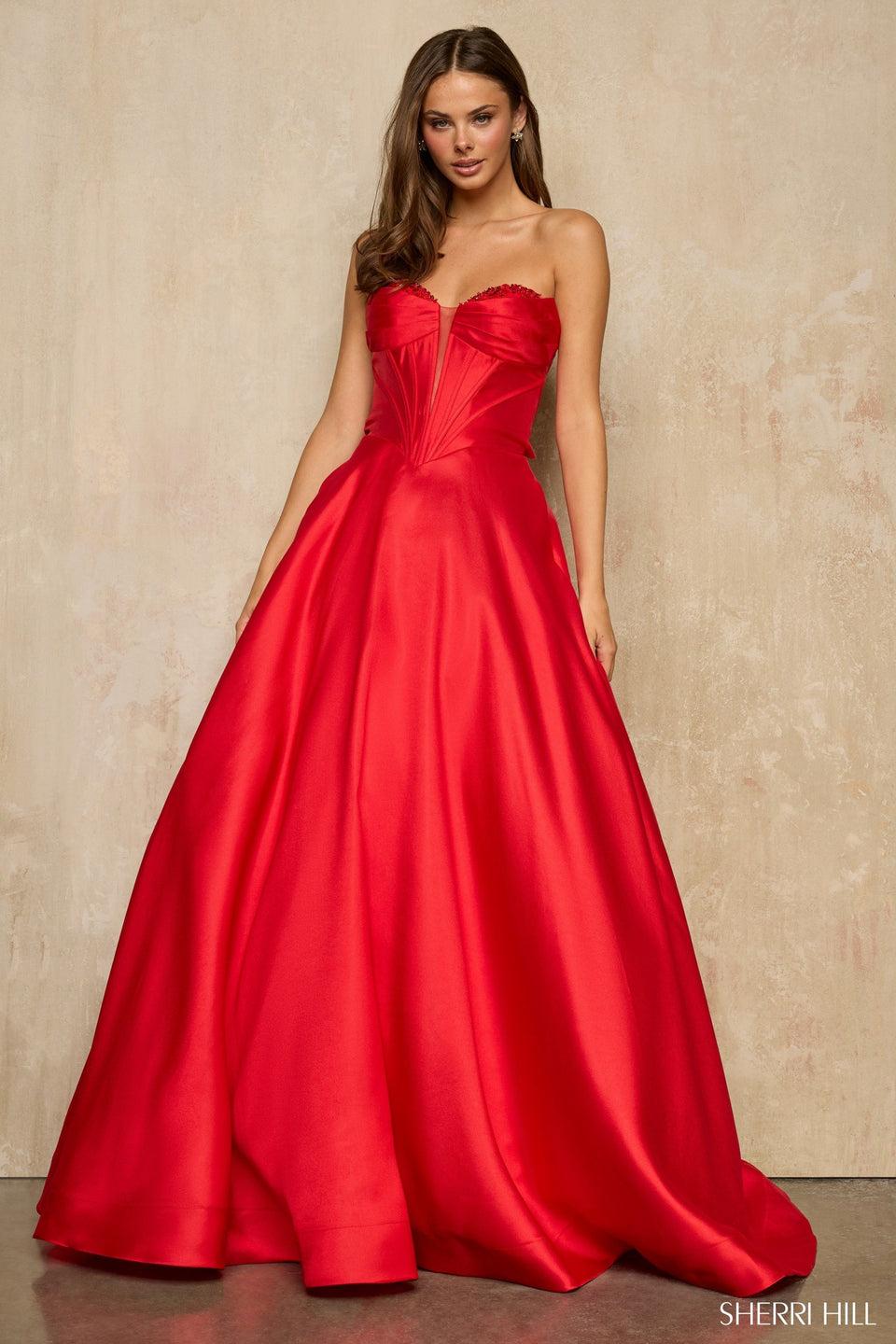 sherri hill Strapless V neck ballgown with a corset and basque waist