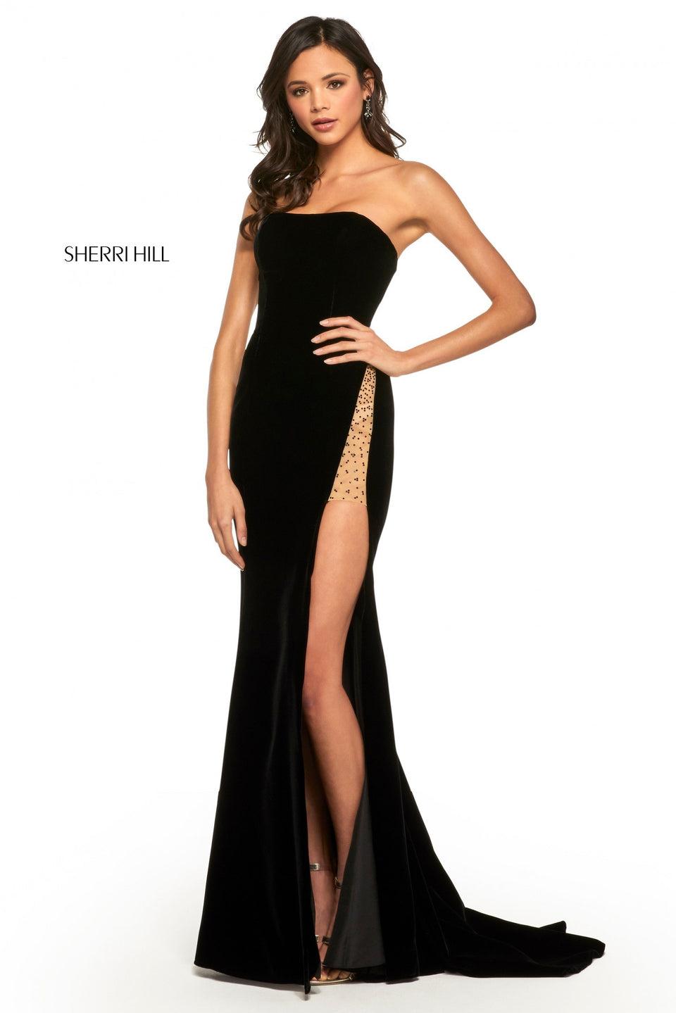 Sherri Hill Strapless Velvet Gown With Skirt Slit And Embellished Nude Illusion Hip Cut Out