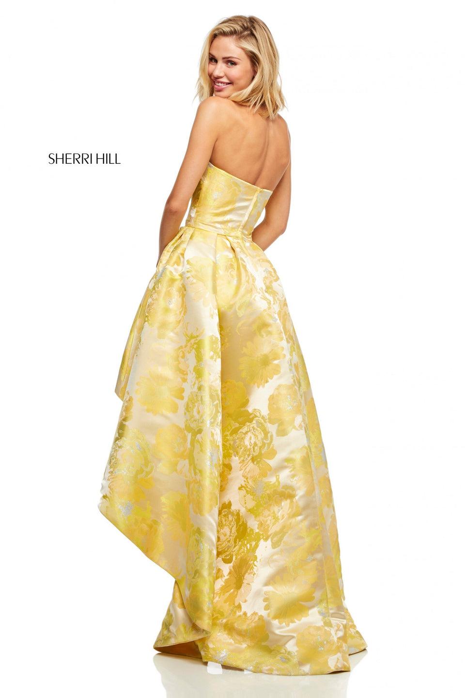 Sherri Hill Strapless Yellow Floral Print High-low Gown
