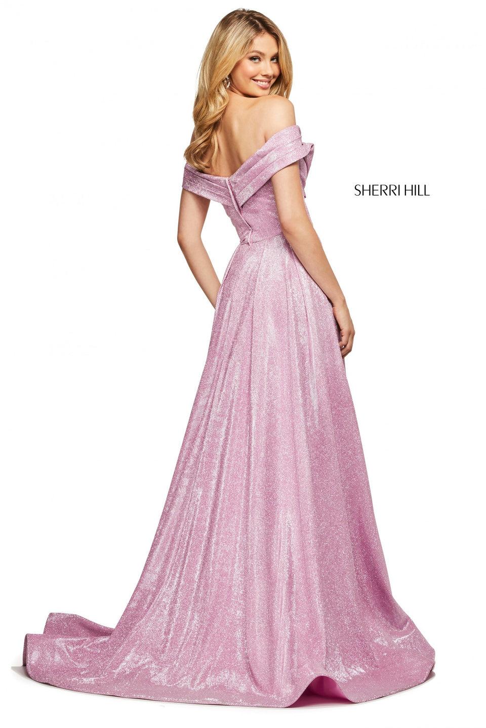 Sherri Hill Stretch Glitter A-line Dress With Off-the-shoulder Neckline Wrap Bodice And Skirt Slit