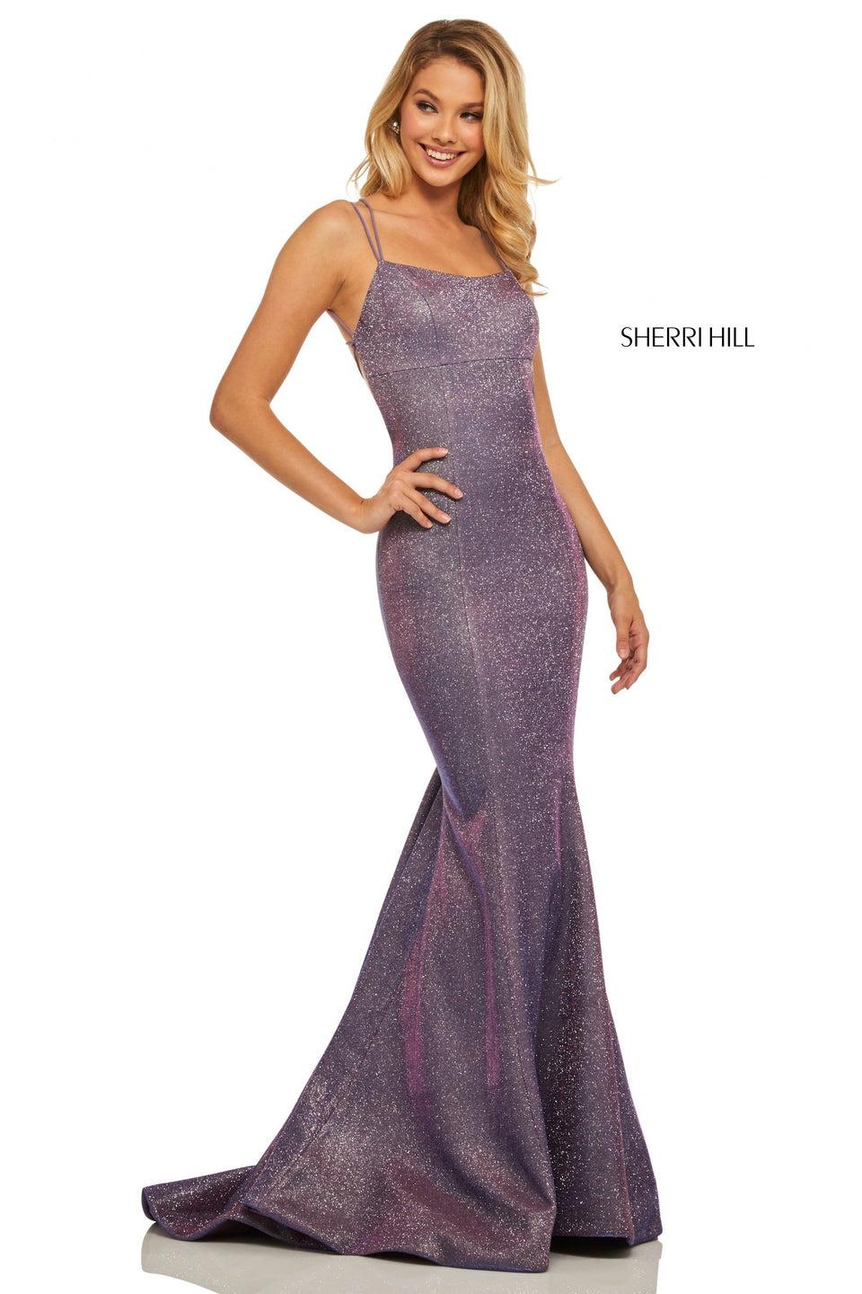 Sherri Hill Stretch Glitter Dress With Straight Neckline Spaghetti Straps And Strappy Lace Up Back