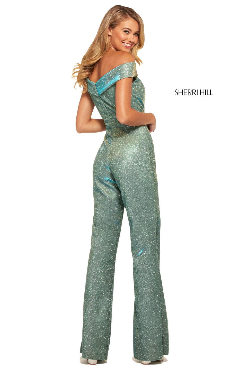 Sherri Hill Stretch Glitter Jumpsuit With Off-the-shoulder Neckline