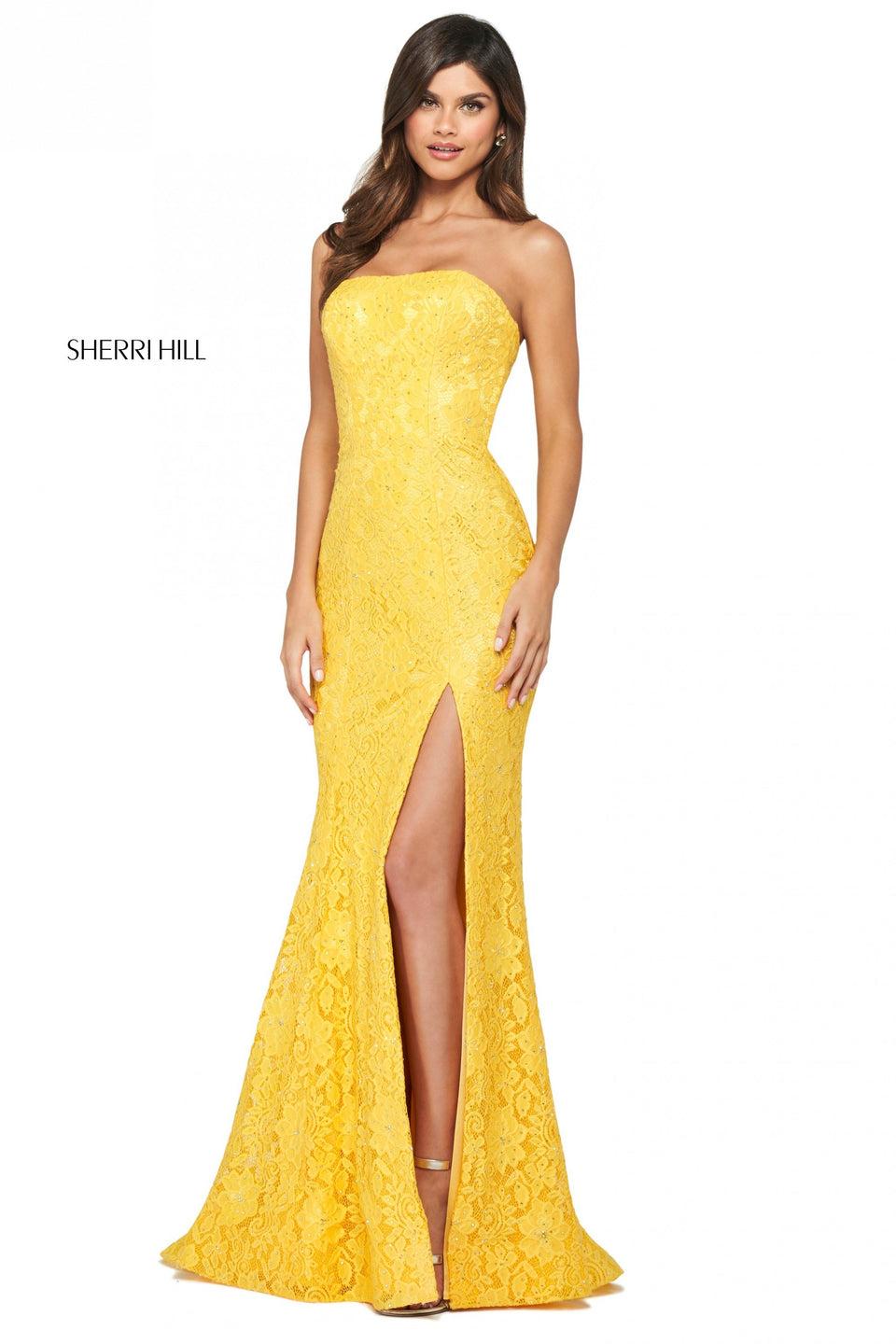 Sherri Hill Stretch Lace Beaded Gown With Strapless Neckline Corset Style Lace Up Back And Skirt Slit