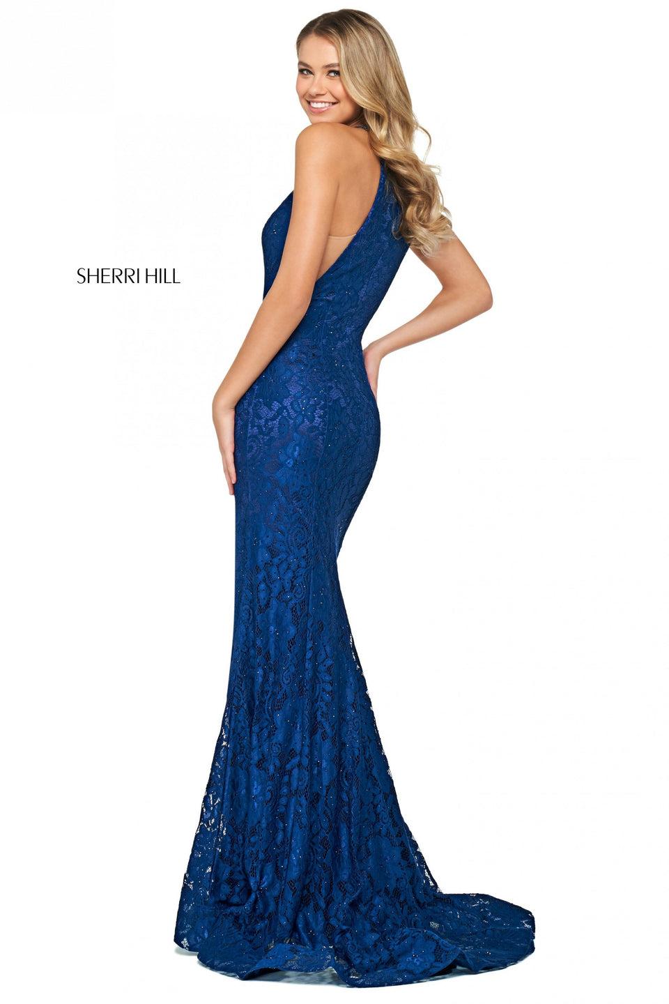 Sherri Hill Stretch Lace Dress With High Cut Halter Style Neckline And Skirt Slit