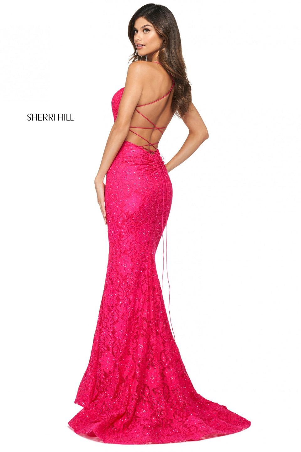 sherri hill Stretch lace dress with straight neckline and strappy lace up back