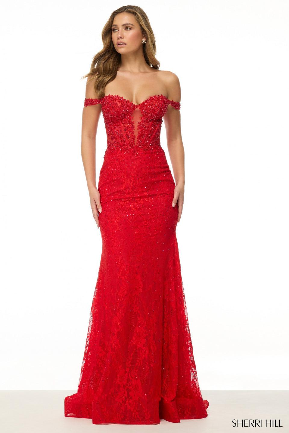 Sherri Hill Stretch Lace Fitted Gown With Off The Shoulder Neckline