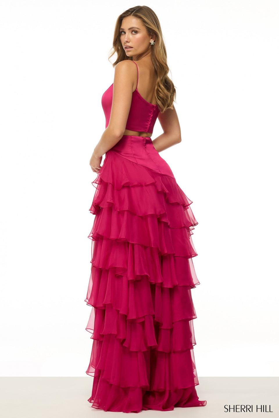 Sherri Hill Stretch Satin Fitted Gown With Open Back Chiffon Ruffle Skirt Slit