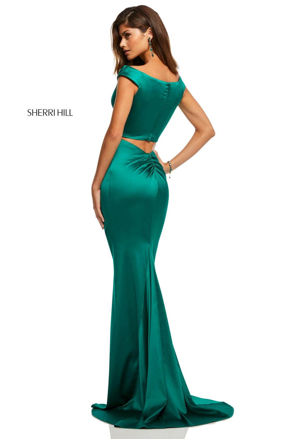 sherri hill Stretch satin Two-piece with off-the-shoulder neckline and ruched back skirt