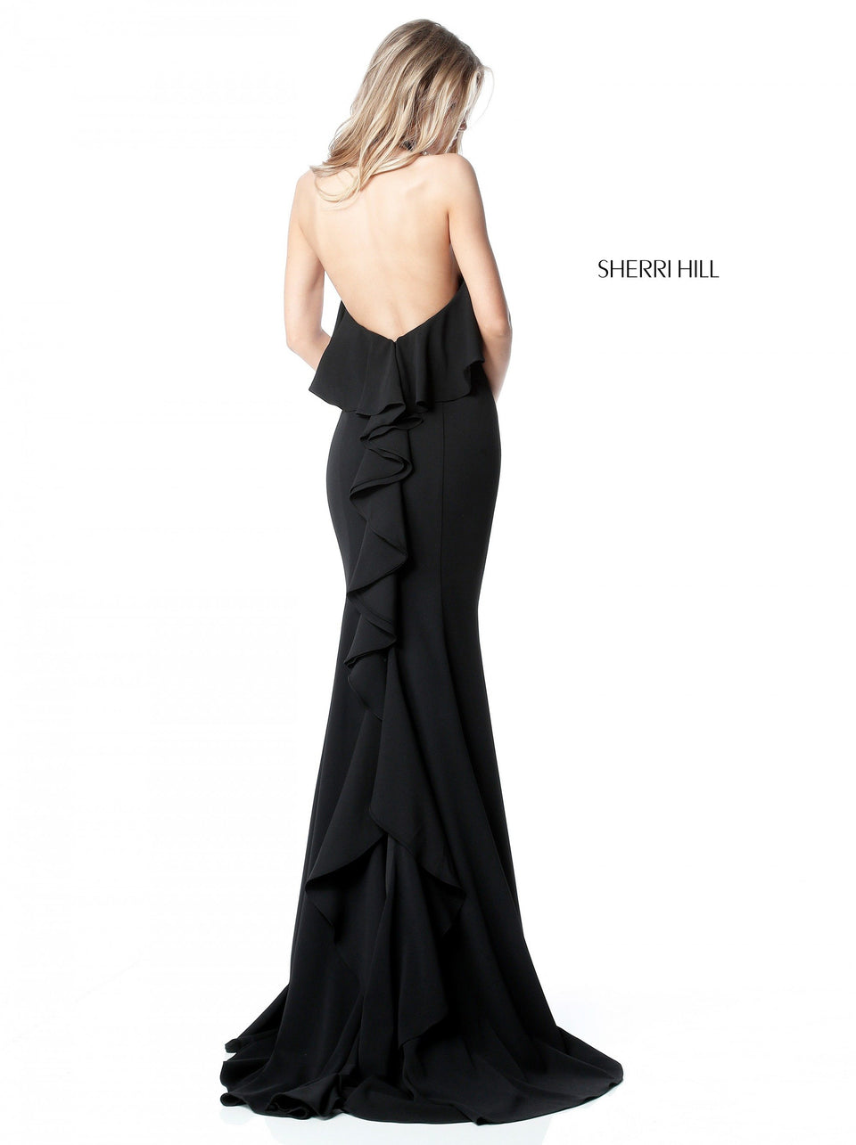 sherri hill Stretch scuba gown with halter bodice and ruffle waist and back