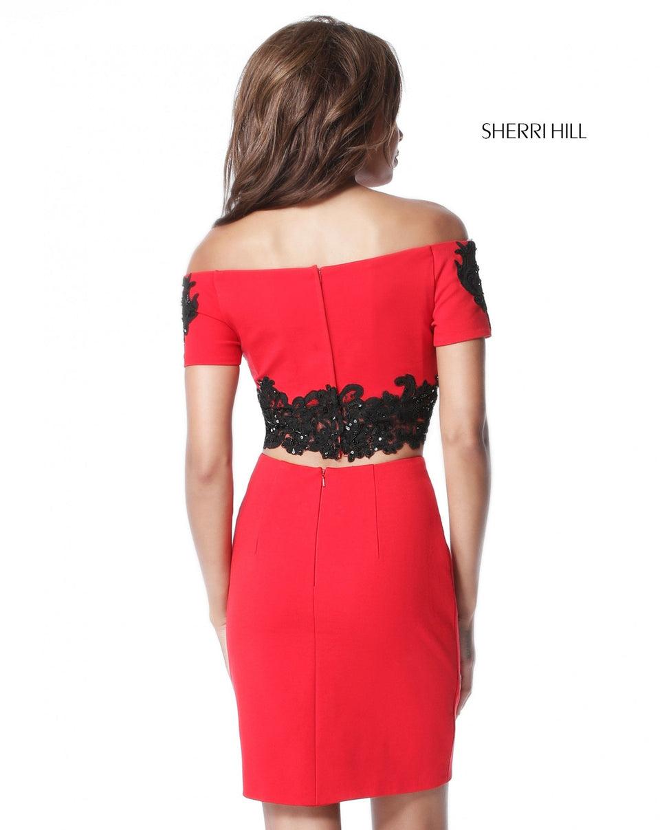 Sherri Hill Stretch Scuba Two Piece With Off Shoulder Bodice With Lace Appliques