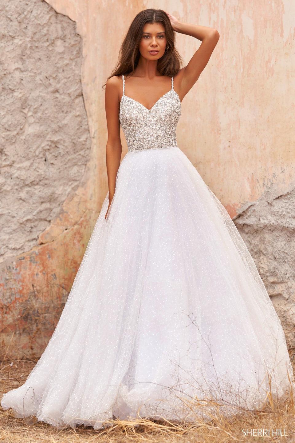 sherri hill Swarovski beaded spaghetti strap bodice with sequin tulle skirt