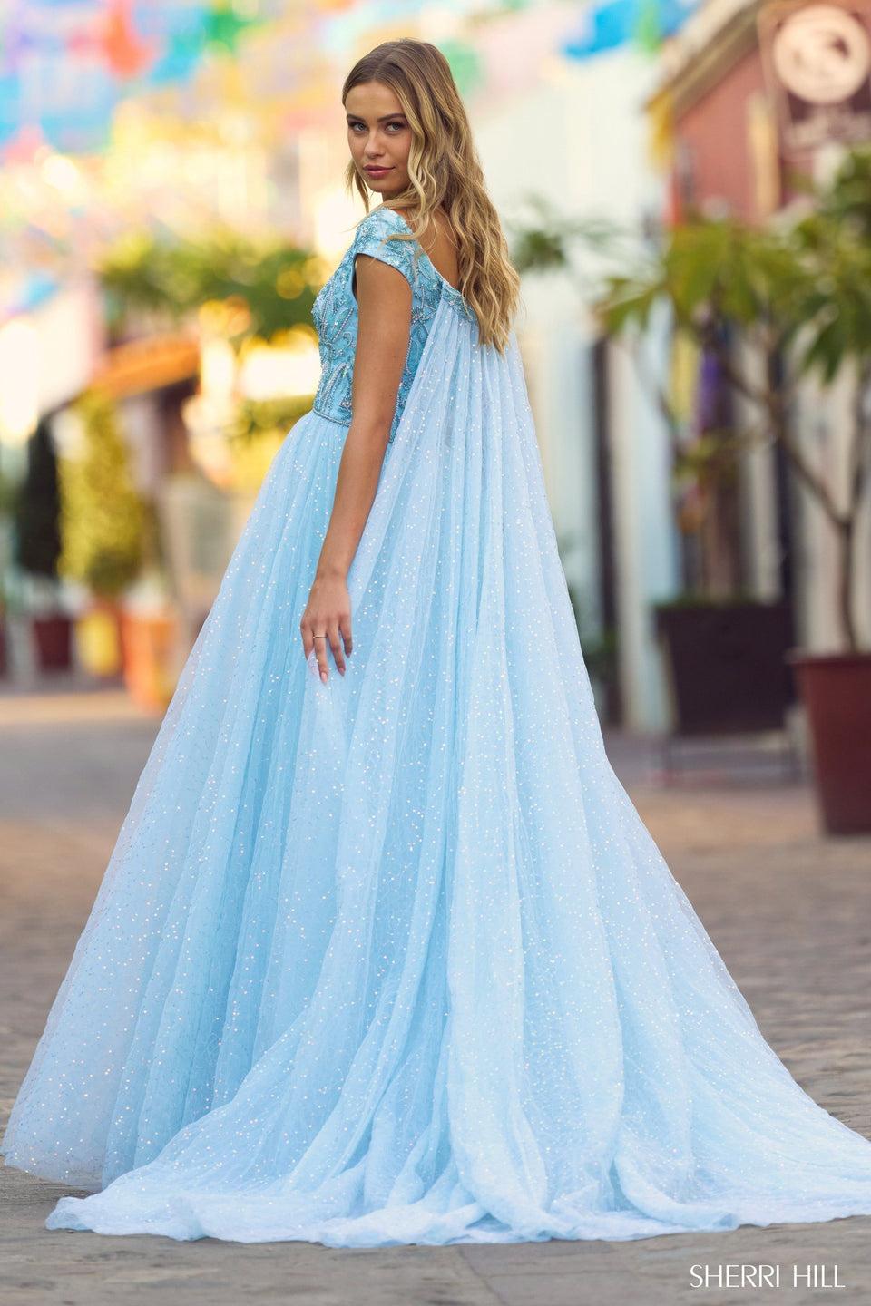 Sherri Hill Sweetheart Beaded Neckline Ballgown With Sequin Tulle Skirt And Cape