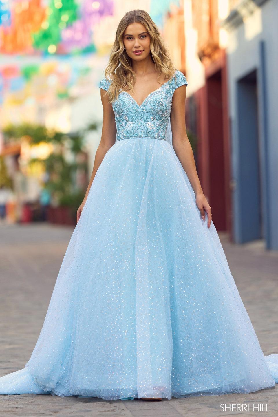 Sherri Hill Sweetheart Beaded Neckline Ballgown With Sequin Tulle Skirt And Cape
