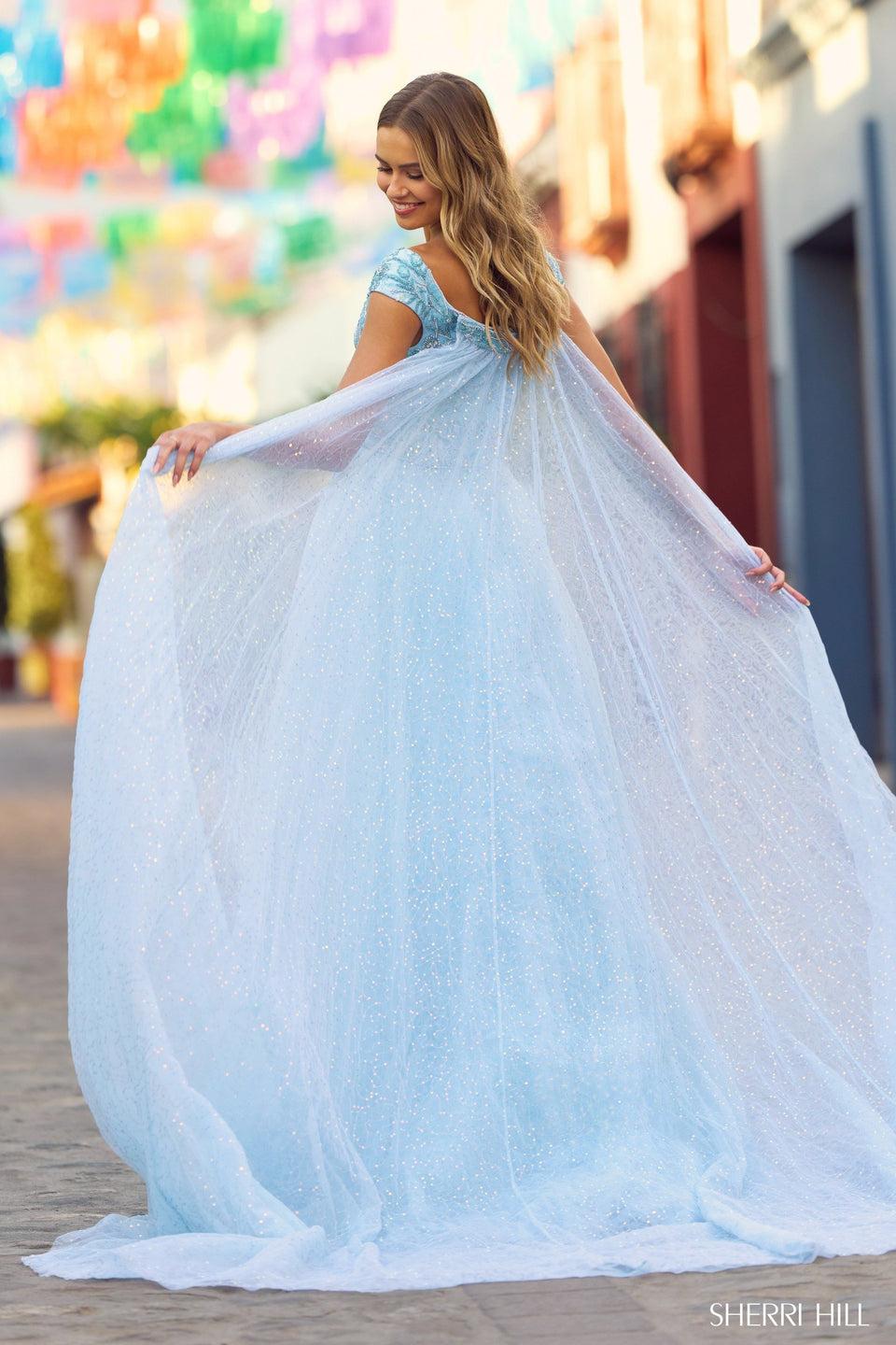 Sherri Hill Sweetheart Beaded Neckline Ballgown With Sequin Tulle Skirt And Cape