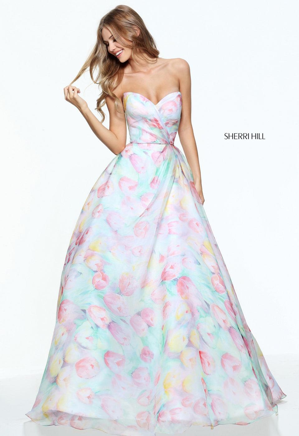 sherri hill Sweetheart strapless tulip print ball gown