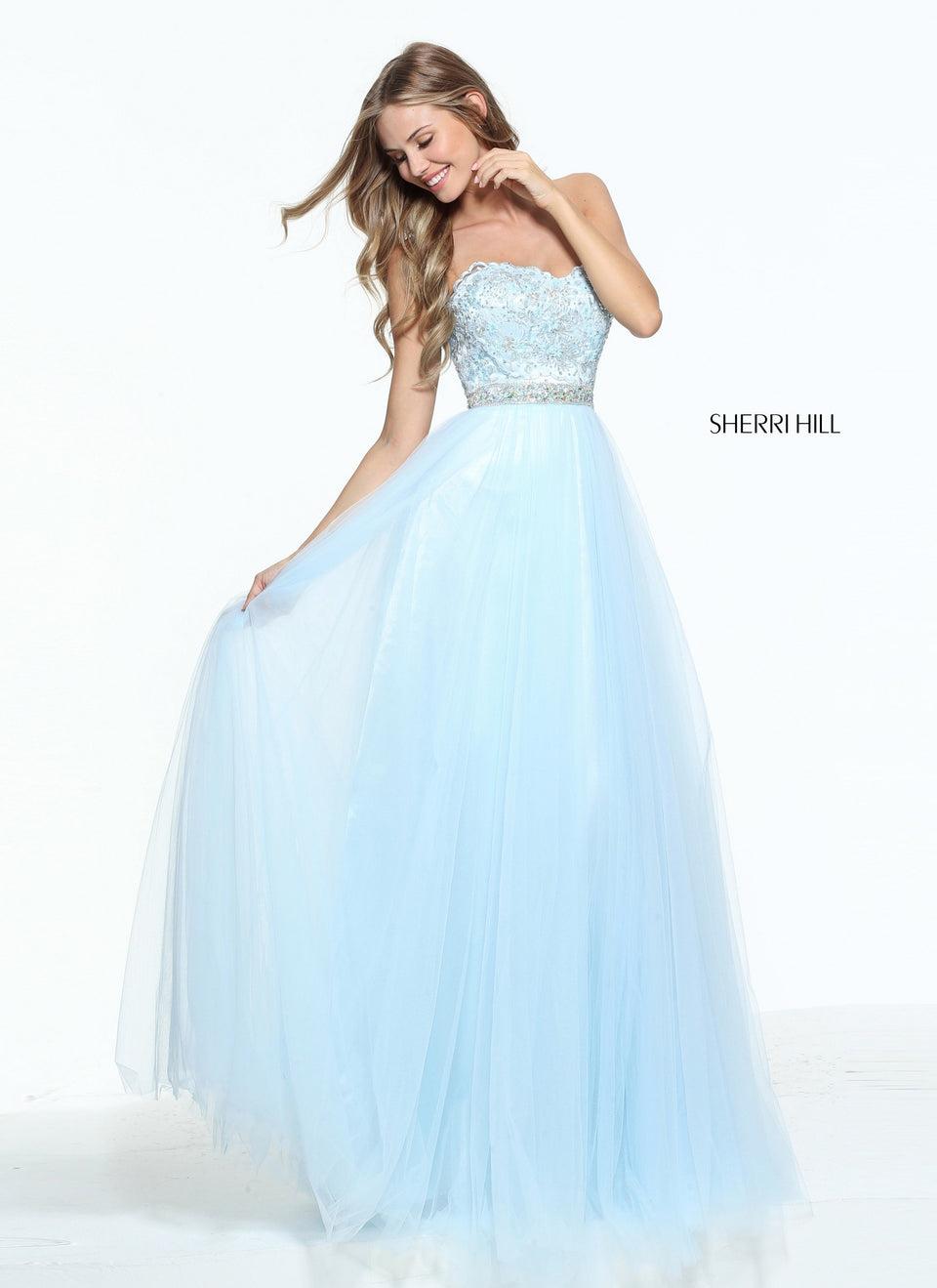 sherri hill Sweetheart strapless tulle gown with a beaded bodice