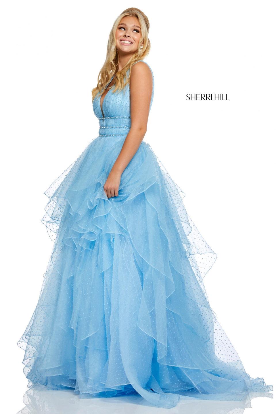 Sherri Hill Swiss Dot Ball Gown With Layered Skirt Plunging Neckline And Jewel Encrusted Waistbands