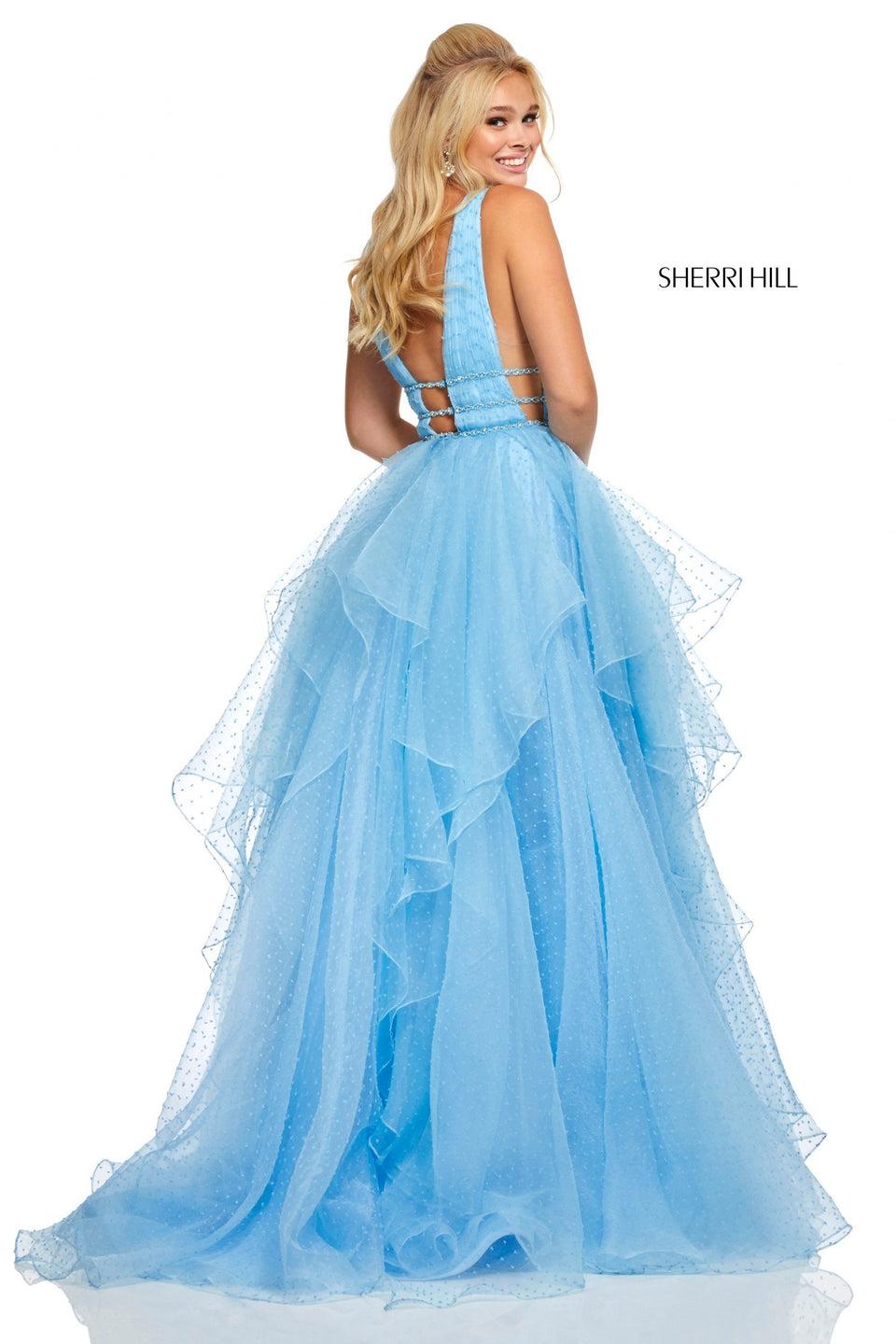 Sherri Hill Swiss Dot Ball Gown With Layered Skirt Plunging Neckline And Jewel Encrusted Waistbands
