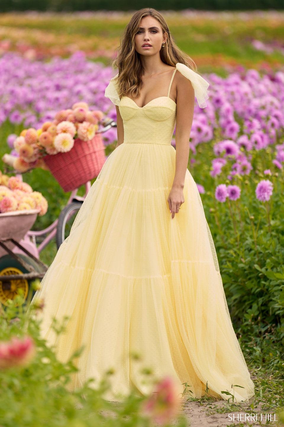 Sherri Hill Swiss Dot Fabric Ballgown With Bow Ties On Straps