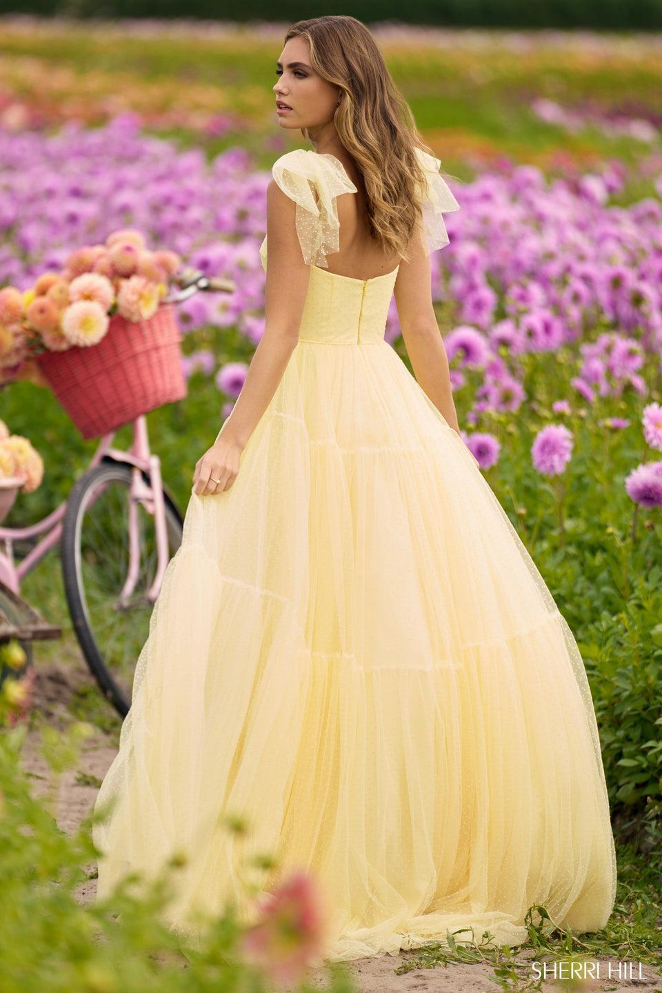 Sherri Hill Swiss Dot Fabric Ballgown With Bow Ties On Straps
